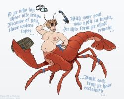 animal_humanoid antennae_(anatomy) aquatic_humanoid aquatic_taur arthropod arthropod_humanoid arthropod_taur belly blonde_hair claws clothing crustacean crustacean_humanoid crustacean_taur curse decapoda eyestalks eyewear forced forced_transformation frankly-art goggles hair hand_on_head humanoid humanoid_taur lobster lobster_claws lobster_humanoid lobster_tail lobster_taur lobster_trap malacostracan male marine marine_humanoid marine_taur merfolk merman_transformation moobs navel nipples pecs poem snorkel solo split_form taur torn_clothing transformation