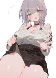 artist_request cardigan cardigan_vest cleavage collar cute embarrassed gigantic_thighs holding_skirt hololive hololive_fantasy hololive_japan large_breasts plaid_skirt shirogane_noel thick_thighs virtual_youtuber wide_hips