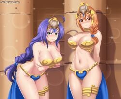 2girls alternate_costume bikini breasts collar cosplay crossover dancer dancer_class dancer_girl dancer_outfit female female_only fire_emblem fire_emblem:_path_of_radiance fire_emblem:_radiant_dawn fire_emblem:_three_houses leonie_pinelli looking_at_viewer metal_collar mia_(fire_emblem) nintendo patdarux revealing_clothes shantae shantae_(cosplay) skimpy_clothes slave tanline_island