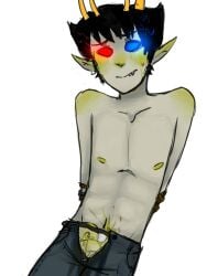 1boy blush clothing diphallia diphallism fangs homestuck horns male multi_penis omorashi peeing penis sollux_captor solo tagme