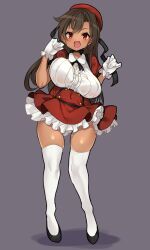 blush breasts brown_hair buta-don female full_body grey_background hat large_breasts long_hair looking_at_viewer miniskirt oerba_yun_fang open_mouth original red_eyes simple_background smile solo thighhighs white_thighhighs