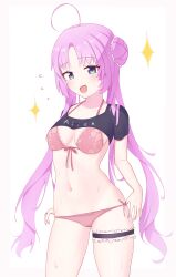 1girls :d ahoge akeuchi_yuu bikini blue_eyes blush breasts cameltoe clothing female hoshikuzu_telepath kamory long_hair looking_at_viewer medium_breasts open_mouth pink_bikini pink_hair shirt shirt_lift side-tie_panties smile solo wide_hips