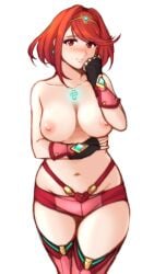 breasts hip_dips navel pyra red_hair short_hair shorts thighhighs thighs topless tridisart xenoblade_(series) xenoblade_chronicles_2