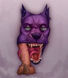 absurd_res anthro black_nose bodily_fluids canid canine dripping genitals green_eyes hi_res humanoid_genitalia humanoid_penis licking long_tongue male mammal open_mouth oral penis purple_body saliva saliva_drip saliva_on_penis saliva_string sex sovierdas sucking_penis teeth teeth_showing tongue tongue_out tonguejob