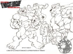 2008 abs anthro balls bear black_and_white brown_bear bruno_rhynox burf_bear concept_art duo erection fellatio genitals grizzly_bear hi_res humanoid_genitalia humanoid_penis male male/male mammal monochrome muscular muscular_anthro muscular_male nipples nude oral pecs penile penis pose pubes rhinoceros sex thought_bubble tomcat_(artist) ursine vein veiny_penis