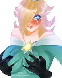 1girls 2023 blonde_hair blue_eyes blush breast_squeeze dress embarrassed female grabbing_breasts grabbing_from_behind hair_over_one_eye heavy_blush hi_res long_hair mario_(series) nintendo princess_rosalina queenkii_draws super_mario_galaxy white_background