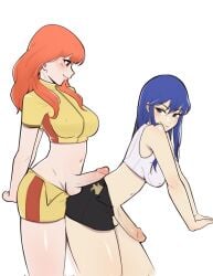 2futas 2girls alternate_costume athletic_shorts bent_over black_shorts blue_eyes blue_hair blue_hair_bottom blush booty_shorts breasts breasts_out brown_eyes caeda_(fire_emblem) celica_(fire_emblem) clothed clothing commission cosplay crop_top crossover domination duo erection fire_emblem fire_emblem:_mystery_of_the_emblem fire_emblem:_shadow_dragon_and_the_blade_of_light fire_emblem_echoes:_shadows_of_valentia fire_emblem_warriors futa_on_futa futa_only futa_with_futa futanari grinding hotpants human humping jenocidero large_breasts leaning_back light-skinned_futanari light_hair_on_dark_hair light_skin long_hair looking_at_another looking_at_partner looking_back mario_strikers medium_breasts midriff midriff_baring_shirt mostly_clothed multiple_girls navel nintendo official_alternate_costume open_clothes open_shorts orange_hair penis penis_on_ass penis_out red_hair red_hair_on_blue_hair red_hair_top shirt short_shorts shorts shorts_down shorts_pull sleeveless sleeveless_shirt sports_bra sports_shorts sportswear standing teasing tight_shorts unzipped unzipped_shorts white_crop_top white_top yellow_crop_top yellow_shirt yellow_shorts