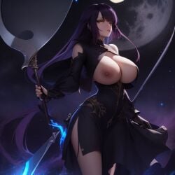 anime big_breasts big_breasts magic moon night purple_hair scythe tall taller_girl warrior woman_in_suit yellow_eyes