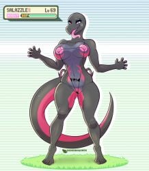 anthro bikini breasts cel_shading clothing dododragon56 female gameplay_mechanics generation_7_pokemon genital_piercing genitals grass gui health_bar hi_res ineffective_clothing looking_at_viewer navel navel_piercing nintendo nipple_piercing nipples nude piercing plant pokemon pokemon_(species) pussy pussy_piercing reptile salazzle scalie shaded simple_background sling_bikini solo swimwear tongue tongue_out