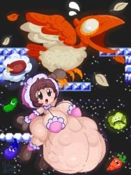 ass_out barely_clothed bikini_top black_eyes brown_hair flying hoodie huge-breasts huge_ass huge_thighs hyper_belly ice_climber light_skin mysticemerald_(artist) nana_(ice_climber) nintendo nitrobutter struggling_prey vore vore_belly