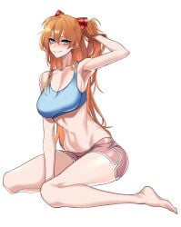 1girls alternate_version_available asuka_langley_sohryu big_breasts blue_eyes blue_tank_top blush bottomwear breasts cleavage clothing dogs_(dlrkdejr26) feet female female_only hair hand_behind_head huge_breasts legs long_hair neon_genesis_evangelion orange_hair pink_shorts shorts smile solo solo_female tank_top thighs topwear transparent_background