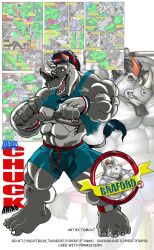 2007 abs anthro bottomwear bulge chuck_(braford) clothed clothing clothing_lift comic english_text hi_res male mammal muscular muscular_male nipples pecs rhinoceros shirt shirt_lift shorts solo text tomcat_(artist) topwear