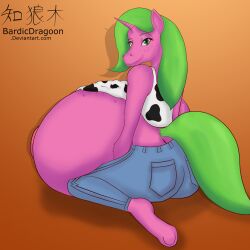 anthro ass bardicdragoon big_breasts big_butt breasts cow_print_topwear equid equine female freckles friendship_is_magic hasbro hi_res horn huge_breasts huge_butt hyper hyper_breasts looking_at_viewer looking_back mammal melon_kiss my_little_pony solo unicorn