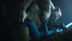 1boy 1girls 3d aayla_secura airress3d_(3d-modeller) alien alien_girl alien_humanoid big_penis blender blue_body blue_lightsaber blue_skin boots bottomless cave clone_wars duo erect_penis erection female female_penetrated green_body green_skin half-dressed half_naked highres huge_cock interspecies laying_down laying_on_back lekku lekku_(anatomy) lightsaber lightsaber_hilt lucasfilm male male/female male_penetrating male_penetrating_female miss nude nude_female on_back orc penis rape sex size_difference standing star_wars the_clone_wars:_season_seven the_qbd topwear twi'lek unamused