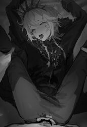 2boys anal anal_sex censored clothed gay greyscale half-closed_eyes identity_v ithaqua_(identity_v) jiz_(pffbq) leg_grab looking_at_viewer medium_hair open_mouth penis pov sex spread_legs sweat tears tongue_out torn_clothes twintails yaoi