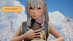 1boy1girl 3d blender breasts_out cum cum_on_breasts hand_on_penis handjob kingdom_hearts partially_clothed penis roseza saliva saliva_trail teacher_and_student urd_(kingdom_hearts) white_hair yellow_eyes