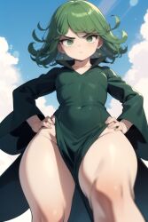 1girls ai_generated blue_sky curly_hair daidouji_(artist) dress female focus from_below green_eyes green_hair hands_on_hips long_sleeves looking_at_viewer one-punch_man outside serious solo tatsumaki wide_hips wide_thighs