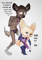 2023 aggressive_retsuko aggretsuko anthro armwear bondage boots bound canid canine clothing collar dildo duo elbow_gloves english_text female femdom fennec fenneko footwear fox gloves haida hands_behind_back handwear high_heeled_boots high_heels hyena larger_male laugh leash male male/female mammal nervous open_mouth open_smile sanrio sex_toy simple_background size_difference smaller_female smile strap-on strapon text white_background xu53r