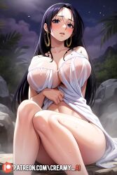 ai_generated bare_legs bare_shoulders big_breasts black_hair blue_eyes blush boa_hancock collarbone creamy_ai earrings female female_only from_below hi_res legs_together long_hair looking_at_viewer looking_down naked_towel one_piece onsen open_mouth parted_lips patreon_username perky_breasts see-through see-through_towel sitting sky snake_earrings steam thick_thighs thighs towel wet_towel