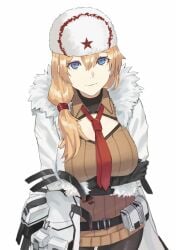 blonde_hair blue_eyes fur_trim girls'_frontline large_breasts mosin-nagant_(girls'_frontline) national_personification pantyhose red_scarf russia russian side_ponytail sweater_dress ushanka white_coat