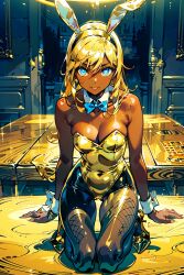 ai_generated ai_hands artist_request black_pantyhose blonde_hair blue_bowtie blue_eyes bunny_ears bunny_ears_headband bunnysuit cuff_links cuffs_(clothing) dark_skin detached_collar fake_bunny_tail fancy front_view gold_bunny_(floppyudon95) gold_bunnysuit gold_hair gold_high_heels gold_leotard hands_on_table kneeling kneeling_on_table light_blue_eyes long_hair looking_at_viewer original shirt_collar smile smiling smiling_at_viewer spotlight strapless_leotard wooden_table