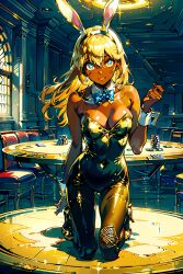 ai_generated blonde_female blonde_hair blonde_hair blonde_hair_female bunny_ear bunny_ears bunny_ears_(cosmetic) bunny_ears_headband bunny_girl bunnysuit cameltoe card_table classy cuff_links cuffs_(clothing) fancy gold_bunny_(floppyudon95) gold_bunnysuit gold_high_heels gold_latex gold_leotard gold_stockings green_eyes heavy_shadows high_heels kneeling kneeling_on_table latex latex_stockings leotard long_hair looking_at_viewer navel navel_visible_through_clothes open_mouth original overhead_light pov pov_eye_contact shadows smile smiling smiling_at_viewer sparkles spotlight straight_hair strapless_leotard window
