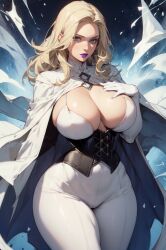 ai_generated blonde_hair blue_eyes breasts cameltoe cape cleavage corset emma_frost female large_breasts marvel marvel_comics purple_lipstick sanriocupcake white_queen x-men