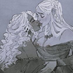 2girls a_song_of_ice_and_fire dress game_of_thrones house_of_the_dragon kissing laena_velaryon large_breasts multiple_girls necklace nipples rhaenyra_targaryen sav_(artist) silver_hair targaryen yuri