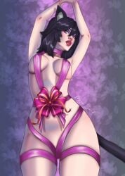 barely_covered black_hair cat_ears cat_tail catgirl dick_sucking_lips gift_bow gift_wrapped gift_wrapping lipstick looking_at_viewer mostly_nude nipples_visible_through_clothing nselever pinup pinup_pose purple_eyes red_lipstick ribbon ribbons streamer thatspookynekogirl twitch virtual_youtuber vtuber wrapped