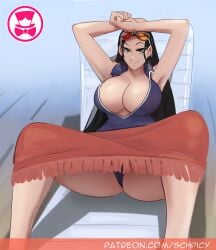 1girls alternate_version_available areolae ass black_hair blue_eyes breasts clothed clothed_female female female_only huge_breasts large_areolae large_ass long_hair nico_robin one_piece post-timeskip schpicy thick_thighs