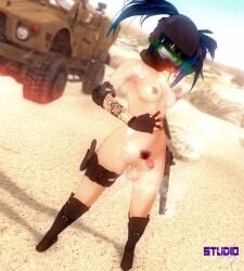 1futa 3d blue_hair casual desert elbow_pads erect_nipples firearm footwear futanari gloves glowing_eyes goggles green_eyes handgun helmet highres kneepads large_balls large_penis legwear looking_at_viewer naked nipple_piercing nude operator_(studiotenry) painted_nails pale_skin pubic_hair shotgun shotgun_shell shotgun_shells smell steaming_body steamy steamy_body studiotenry sweat sweating tactical_nudity twintails uncensored uncensored_penis vehicle weapon wet wet_skin