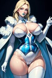 ai_generated blonde_hair blue_eyes blue_lipstick breasts cameltoe cape cleavage corset emma_frost female large_breasts marvel marvel_comics nipple_bulge nipples sanriocupcake thick_thighs thighhighs white_queen wide_hips x-men