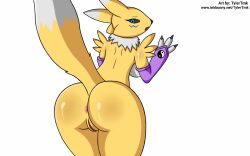 anthro anus arm_warmers armwear armwear_only ass bandai_namco big_butt breasts clothing digimon digimon_(species) female fur genitals hasbro looking_at_viewer looking_back looking_back_at_viewer multicolored_body multicolored_fur nude pussy renamon solo two_tone_body two_tone_fur tylertmk white_body white_fur yellow_body yellow_fur yin_yang