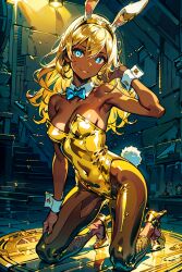 ai_generated blue_bowtie blue_eyes bunny_ears bunny_ears_headband bunnysuit cuff_links cuffs_(clothing) dark_skin detached_collar fake_bunny_tail gold_bunny_(floppyudon95) gold_bunnysuit gold_hair gold_high_heels gold_leotard gold_table hand_in_hair hand_on_thigh kneeling kneeling_on_table light_blue_eyes lights long_hair metal_wall original pantyhose shirt_collar smiling smiling_at_viewer spotlight stairs strapless_leotard table wavy_hair