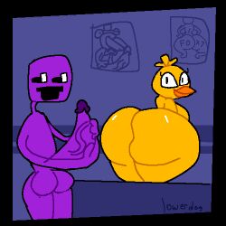 1boy 1girls ass_bigger_than_body back_view big_ass big_balls big_dick big_egg chica_(fnaf) chicken five_nights_at_freddy's funny humor hyper_balls hyper_penis masturbating masturbation meme purple_balls purple_guy_(fnaf) purple_penis purple_skin purple_urethra showing_ass smiling smiling_at_partner veiny_penis william_afton yellow_skin