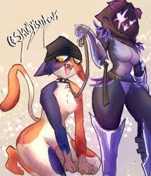 2d 2girls anthro beanie blush breasts calico_cat collar domestic_cat epic_games fangs female female_only fortnite fortnite:_battle_royale leash meow_skulls_(fortnite) multiple_girls nipples nude on_knees pussy raven_team_leader raven_team_leader_(fortnite) skullyisntok spiked_collar tongue_out