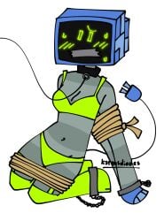 2d collar computer computer_head duct_tape female green_eyes handcuffs handcuffs_on_ankles humanoid karen_plankton leash leash_and_collar lingerie on_knees robot robot_girl robot_head robot_humanoid ropes screen_face spongebob_squarepants sweating tied_up tv tv_head