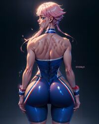 absurd_res absurdres ai_generated ass back big_ass blue_eyes fat_ass fr34ky from_behind from_behind_position from_below high_resolution highres huge_breasts looking_at_viewer manon_legrand pink_hair short_hair smile smiling stable_diffusion standing street_fighter street_fighter_6