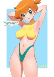 1girls absurdres adapted_costume adjusting_hair arm_behind_head armpits arms_up asymmetrical_hair bare_legs bikini blush breasts cleavage clothing cowboy_shot creatures_(company) eyelashes female female_focus game_freak gen_1_pokemon green_eyes gym_leader hair_tie highres jdpr kasumi_(pokemon) legs medium_breasts misty_(pokemon) navel nintendo nipples open_mouth orange_hair pokemon pokemon_(game) pokemon_rgby ponytail short_hair side_ponytail skin_tight smile solo swimsuit thighs