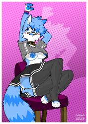 absurd_res anthro anus areola ass big_breasts big_butt blue_areola blue_body blue_hair blue_nipples blush border bottomwear breasts canid canine canis choker clothed clothing crop_top cute_expression danna_(danna_nsfw270) danna_nsfw270 female female/female fluffy fluffy_tail footwear genitals hair hi_res jewelry mammal necklace nipples no_panty pussy shirt simple_background skirt smile solo tail thick_thighs topwear under_boob underwear upshirt upskirt vaginal_penetration white_border wolf