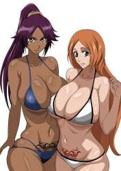 2girls belly_button big_breasts bikini bleach bleach:_the_thousand-year_blood_war breasts brown_eyes busty cleavage curvy dark-skinned_female dark_skin duo duo_focus female female_only grey_eyes huge_breasts inoue_orihime light-skinned_female light_skin long_hair looking_at_viewer navel orange_hair ponytail pubic_tattoo purple_hair shihouin_yoruichi voluptuous white_background yxyyxy