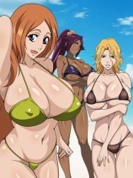 3girls armpits beach belly_button big_breasts bikini bleach bleach:_the_thousand-year_blood_war blonde_hair breasts busty cleavage curvy female female_only huge_breasts inoue_orihime long_hair looking_at_viewer matsumoto_rangiku midriff navel nipple_bulge nipples orange_hair overflowing_breasts ponytail purple_hair shihouin_yoruichi short_hair skimpy_bikini voluptuous yxyyxy