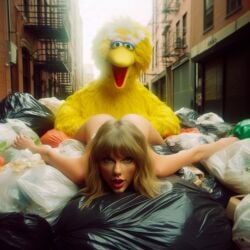 1girls ai_generated alley ass bangs big_bird blonde_hair celebrity dall-e3 doggy_style female garbage garbage_bags human_female implied_sex lipstick looking_at_viewer lying muppets naked naked_female nude on_stomach outside prone_bone puppet real_person sesame_street sex stable_diffusion tagme taylor_swift the_muppet_show trash trash_bag