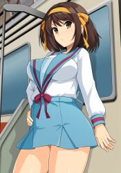 1girls big_breasts blue_skirt brown_eyes brown_hair casual hand_on_hip haruhisky school_uniform schoolgirl short_hair skirt solo suzumiya_haruhi suzumiya_haruhi_no_yuuutsu tagme thick_thighs train_interior yellow_headband