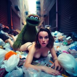 1girls ai_generated brown_hair celebrity daisy_ridley dall-e3 doggy_style garbage garbage_bags implied_sex muppets naked naked_female nude oscar_the_grouch prone_bone puppet real_person sesame_street sex stable_diffusion tagme the_muppet_show trash trash_bag