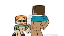 1boy 1girls 2d_animation alex_(minecraft) animated blue_t-shirt breasts cubic_breasts erect_penis female funny green_t-shirt handjob horny_female humor looking_at_penis male minecraft orange_hair outside posing sirwillydingdong sound square_head steve_(minecraft) tagme video