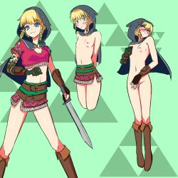 1girls blonde_hair blue_eyes blushing boots breasts breath_of_the_wild cape chainmail covering covering_crotch crop_top embarrassed_nude_female envious_fool foolintisimo hyrule_warriors knee_boots linkle multiple_poses naked_cape nipples skirt small_breasts the_legend_of_zelda topless undressed