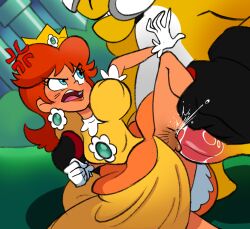 1boy 1girls anger_vein angry anthro barcode_pubic_hair blue_eyes brown_hair clothed_rape defeat defeat_sex defeated defeated_heroine dress dushon female human interspecies koopa leg_grab long_hair male mario_(series) monster_rape no_panties penis princess princess_daisy pussy rape raped_royalty royalty scalie sex shova_(mario) super_mario_bros._wonder vaginal_penetration