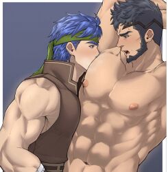 2boys arms_up bara black_hair blue_hair blush eye_contact face_in_armpit fire_emblem fire_emblem:_path_of_radiance fire_emblem:_radiant_dawn fire_emblem_engage from_side full_beard highres ike_(fire_emblem) implied_handjob large_pectorals looking_at_another male_focus mature_male mauvier_(fire_emblem) multiple_boys muscular muscular_male nipples out-of-frame_censoring paid_reward_available pectorals profile short_hair sidepec smelling_armpit sparse_chest_hair thick_beard thick_eyebrows wyatt_wu1020 yaoi