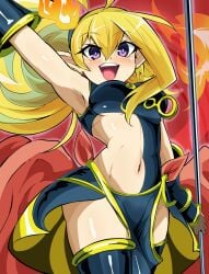 1girls armpits arms_up belly_button blonde_hair duel_monster exposed_belly flame pelvic_curtain purple_eyes sevens_road_witch sorceress spellcaster synchroman thick_thighs thighs yu-gi-oh! yugioh